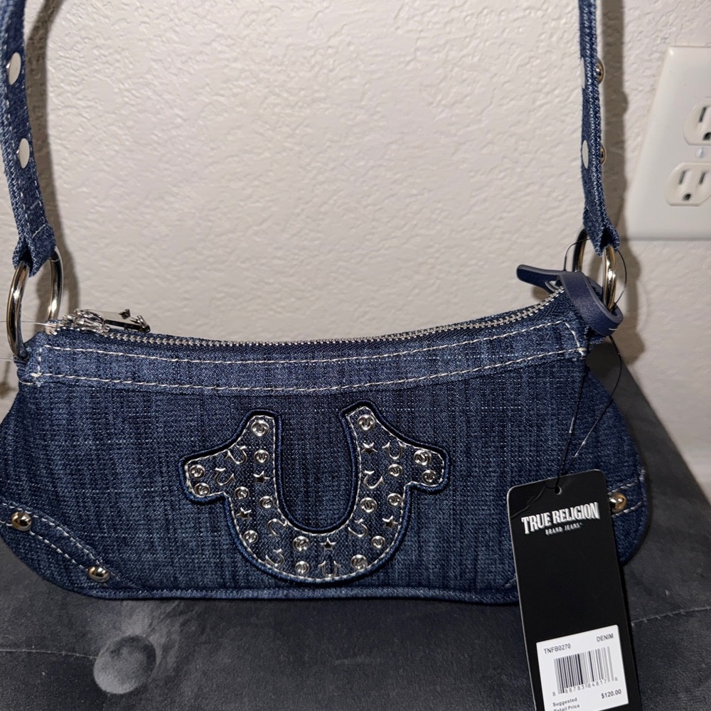 True Religion Dark Denim Shoulder Bag - Dark Blue with Silver Studs - Picture 3 of 7
